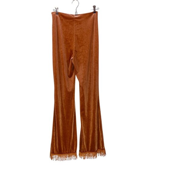 Cider Velvet Fringe Bell Bottom Pants Women's Small Flared Pull-On Copper Velour - Picture 2 of 7
